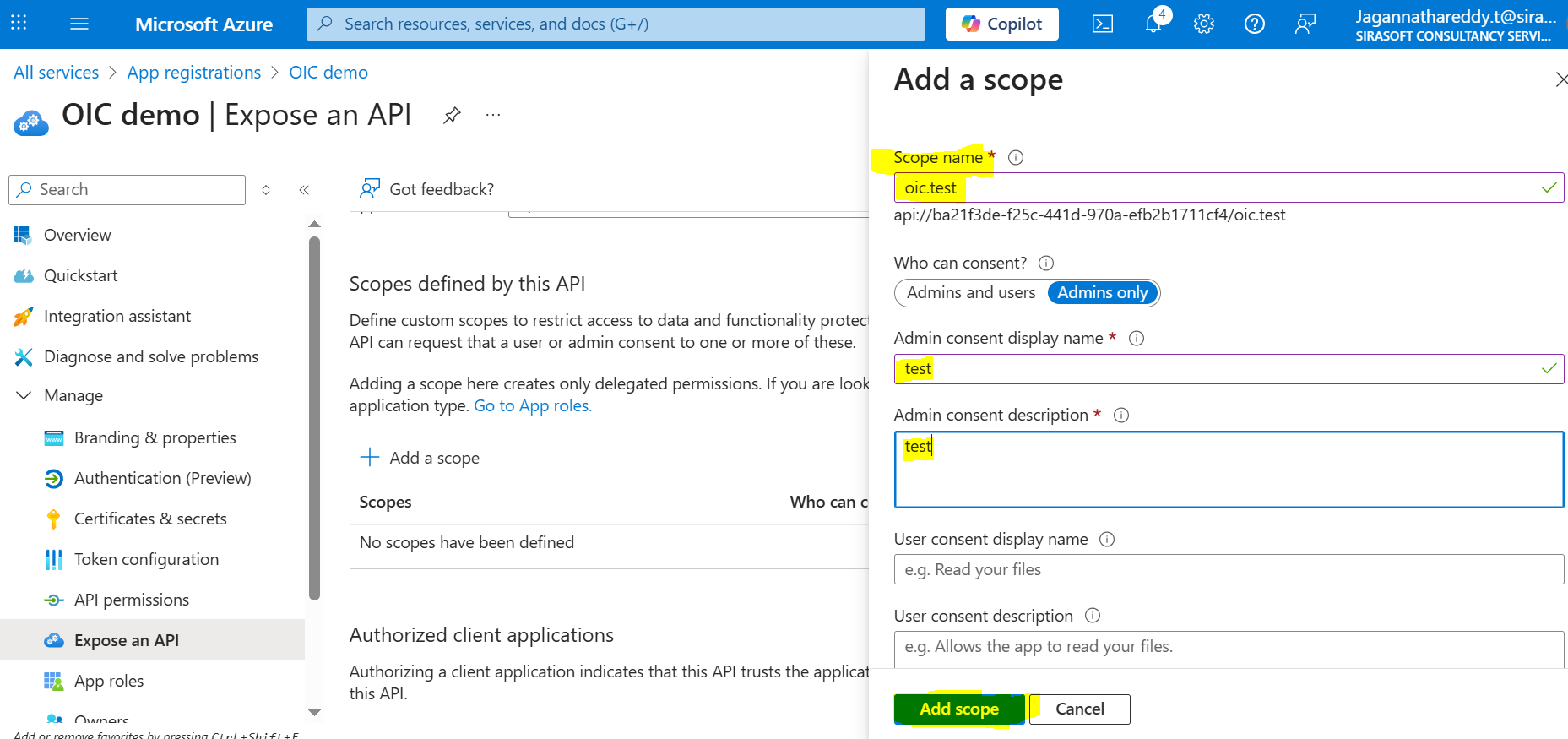 Enter scope details and add scope