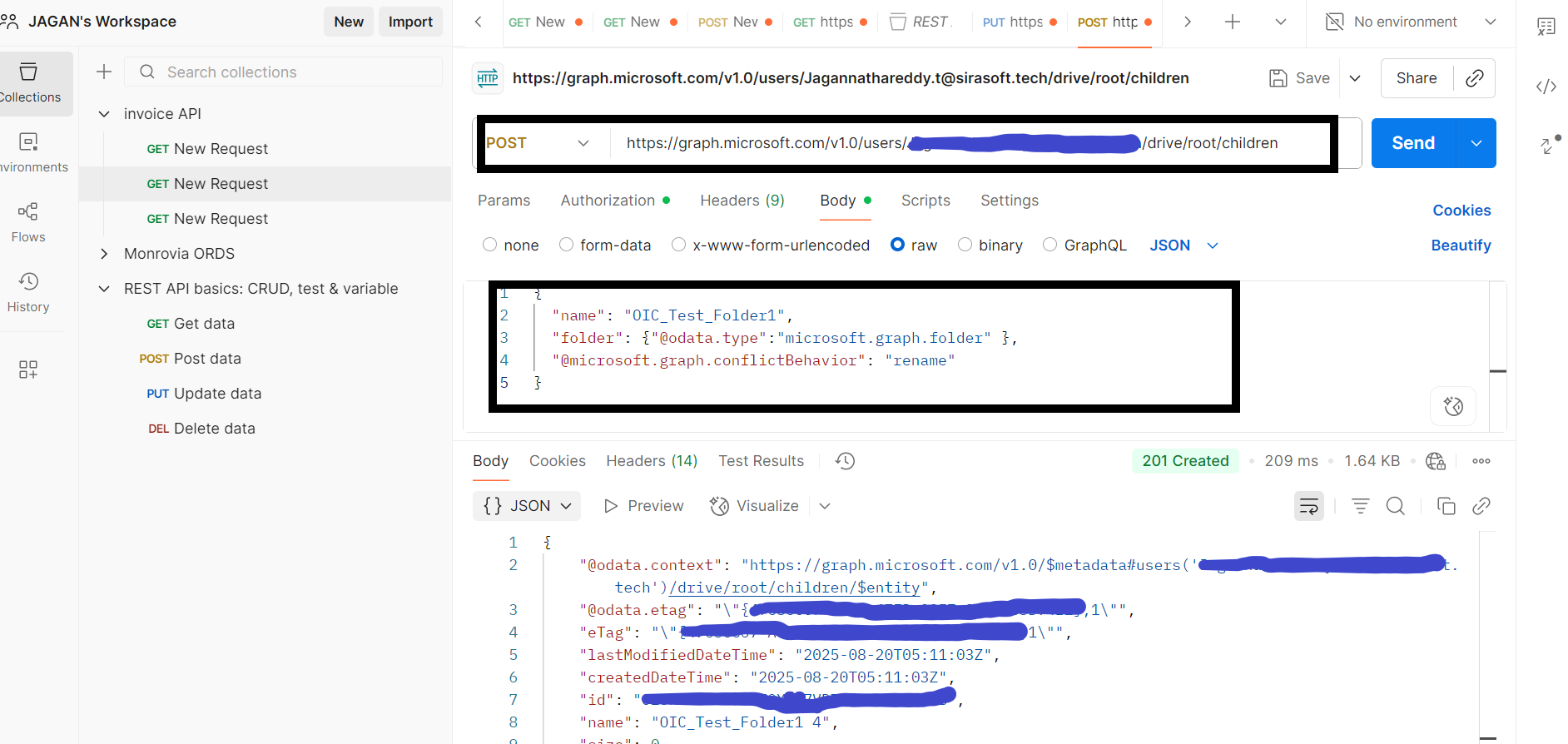Postman response for folder creation