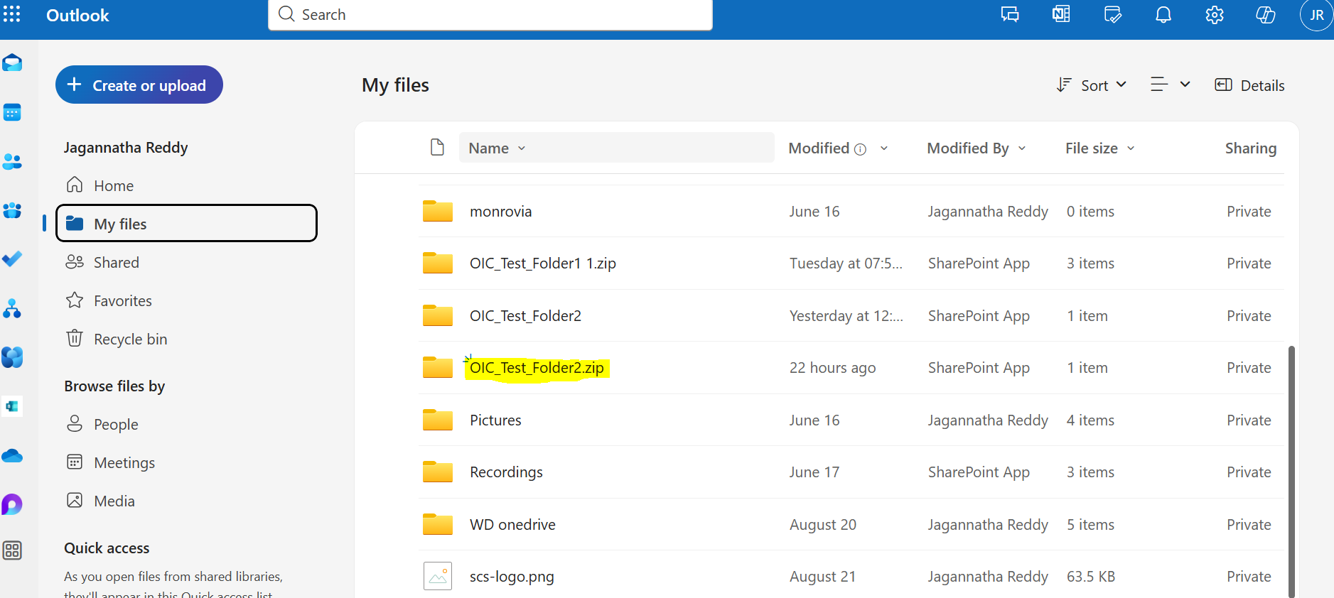 Folder created with report data in OneDrive