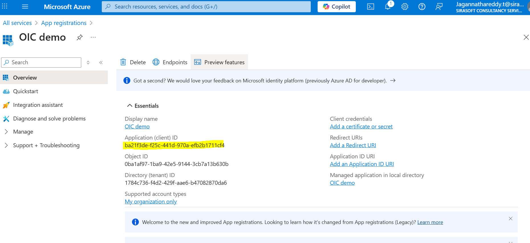 App registration overview details